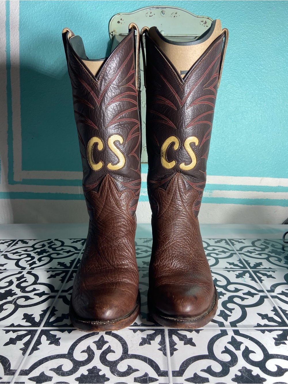 Custom made by Cal’s- Classic Brown Leather Heeled Cowboy Boots - CS Monogram